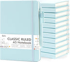 feela 12 Pack Notebooks Journals Bulk, Hardcover Notebook Classic Ruled Lined Journals with Pen Holder for Women Girls School Business Supplies, with 12 Black Pens, 120 GSM, 5.1”x8.3”, A5, Sky Blue