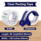 RAZCC Packing Tape, 18 Rolls Clear Heavy Duty Packaging Tape with Dispensers for Packing, Shipping, Moving and Mailing, Thicker Sealing Tape-1.88" x 65 Yards Per Roll, 1170 Total Yards