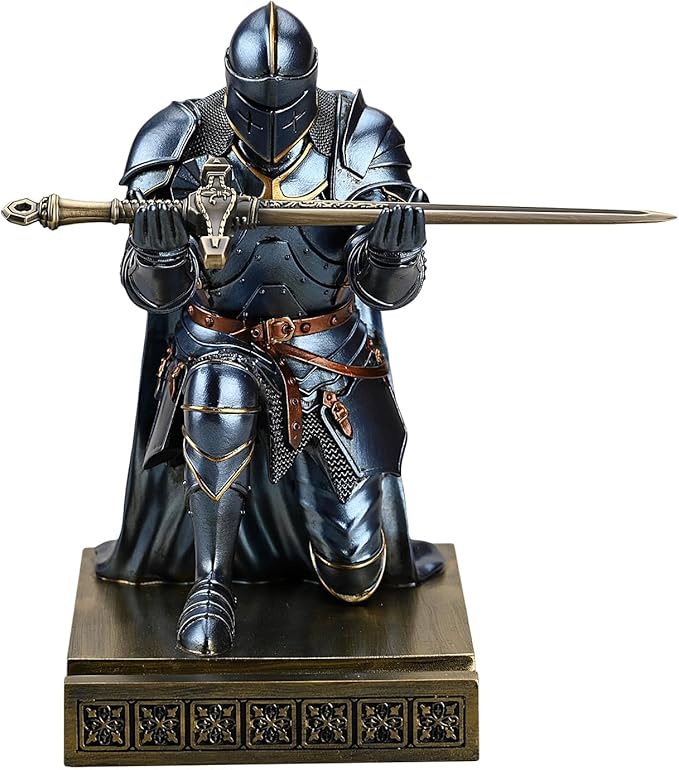 Amoysanli Medieval Armored Warrior Wearing Outerwear, Mobile Phone Stand Knight Pen Holder Desk Organizers, Resin Bookends Paperweight with a Letter Opener for Desk (Blue)