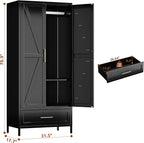 SUPEER Metal Wardrobe Cabinet with 1 Drawer and Hanging Rod, 70.9" H Metal Armoire Wardrobe Closet with Adjustable Shelf for Bedroom, Laundry Room, Home,Office,Installation Required,Black