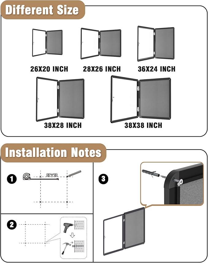 Mifuro 26"x20" Enclosed Bulletin Board, Lockable Weather-Resistant Aluminum Cork Noticeboard for School & Office, Black Frame w/Grey Flet