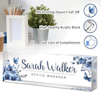 Desk Name Plate Personalized, Custom Name Plates for Desks, Office Desk Decor, Flowers Clear Acrylic Glass Block, Personalized Office Gifts for Women Men Boss Teachers Coworkers Appreciation Gifts