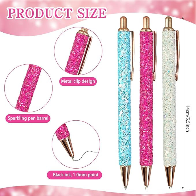 100 Pcs Fancy Pens Bulk Pretty Cute Glitter Ballpoint Sparkly Metal Pens Black Journaling Ink Pen Medium Point 1.0 mm for Women Nurse Teacher School Office Graduation Gift