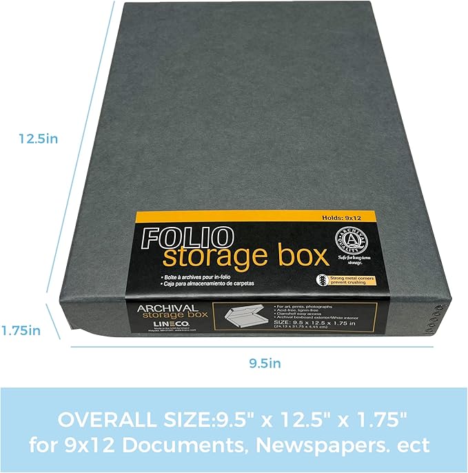 Lineco Folio Storage Box, Clamshell Design with Metal Edge. 9.5x12.5x1.75, Archival Boxboard, Preserve Photos, Prints, Cards, Magazines, Documents, Art, Ephemera, Family Records, Gray, Pack of 2