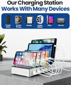 6-Port USB Charging Station with 6 Included Cables, Fast Charging Hub for iPhone Android Cell Phone, Tablet, Smartwatch - Multi Port Desktop Organizer (Silver)