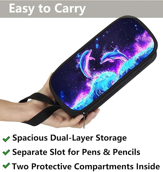 AnySmic Dolphin Pencil Case for Boys Girls, Large Durable Pencil Pouch for Kids, Polyester Big Capacity Pen Case, Double Zipper, Pen Box for Children Age 6+