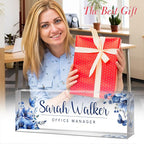 Desk Name Plate Personalized, Custom Name Plates for Desks, Office Desk Decor, Flowers Clear Acrylic Glass Block, Personalized Office Gifts for Women Men Boss Teachers Coworkers Appreciation Gifts