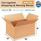 Medium Shipping & Moving Boxes 16"L x 12"W x 8"H (25-Pack) - Extra Strength 200 lb vs Regular - Corrugated Boxes for Packaging Moving and Delivering - Packaging Box - Box to Pack by IDL Packaging