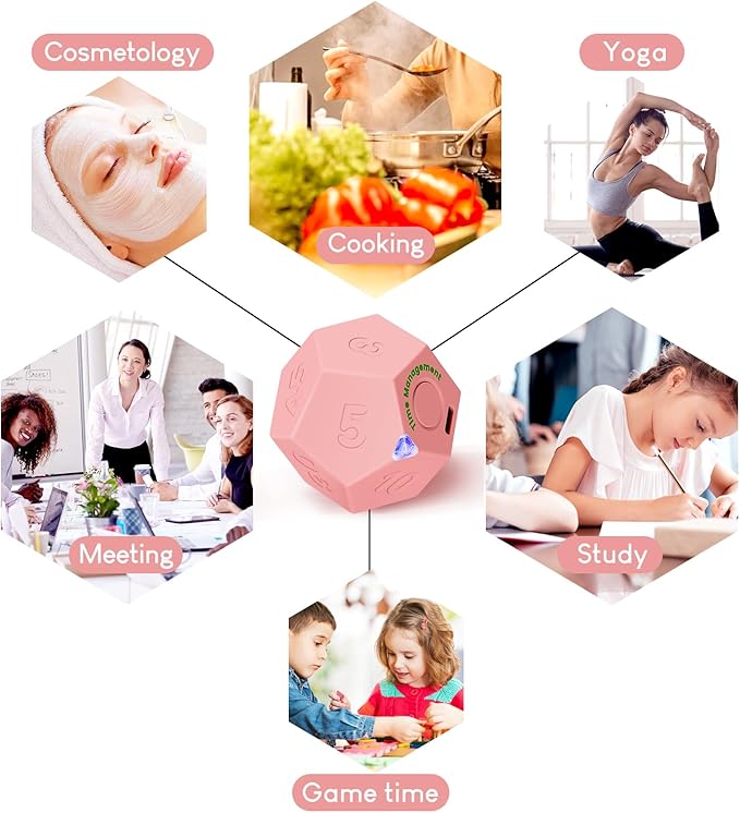 Pomodoro Timer, 11 Preset Time Productivity Timer, Ring/Vibrate Mode Productivity Cube, Type C Rechargeable Kitchen Cooking Timer for Cooking, Learning, Exercise and Beauty-Pink