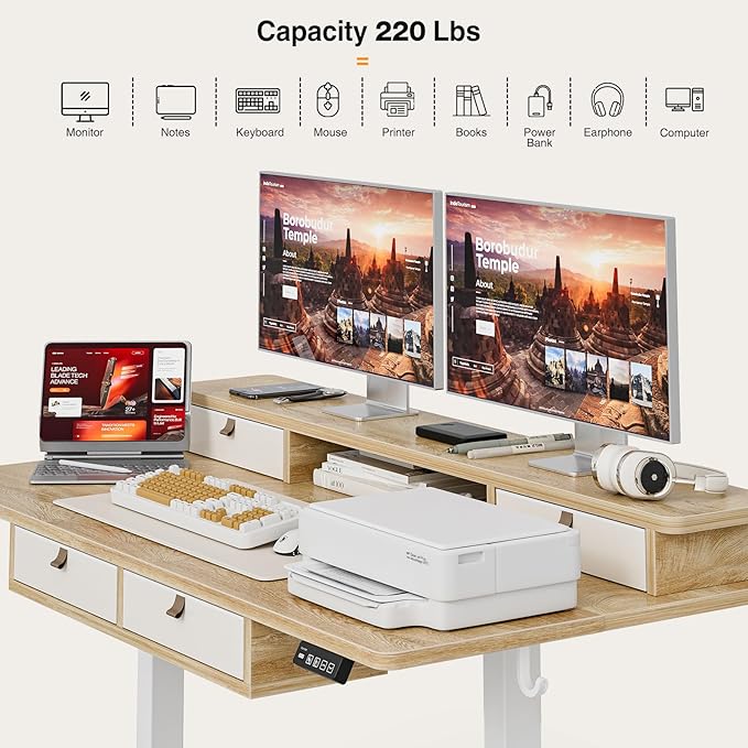 Grandder 55 x 28 inch Electric Standing Desk with 4 Drawers, Sit Stand Up Desk Adjustable Height with Storage Shelf for Home Office Ergonomic Adjustable Desk with Splice Board, Oak