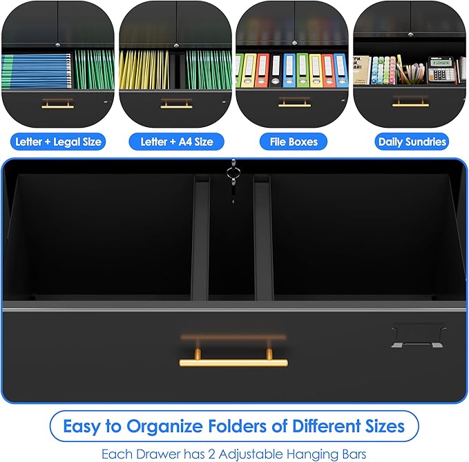 1 Drawer Lateral File Cabinet with Lock, Metal Filing Storage Cabinet with Locking Doors and Adjustable Shelf for Home, Office, School, Fits A4/Letter/Legal Size Folders, Black