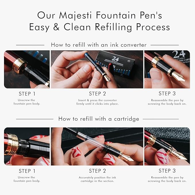 Wordsworth & Black Majesti Fountain Pen-(Checked), Luxury Case, Chrome Finish; Fine Nib- Ink Cartridges, Refillable Ink Converter-Calligraphy Pen-Best Business Gift Set for Men & Women