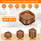 shouwuhho 9 Pack Furniture Risers Adjustable Bed Risers Heavy Duty Lifts Height 1", Square Stackable Bed Risers 1, 2 or 3 Inch for Desk Leg Table Couch Sofa Chair Bed Frame Legs Dorm, Brown