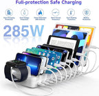 285W Charging Station for Multiple Devices, 10 Ports Fast Multi-Device Charger Organizer Compatible with MacBook Pro Laptop, iPhone, Android, Ipad, Tablet, Kindle, Family Multi-Device Charging Dock
