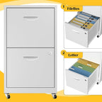 SteeLoong 2 Drawer File Cabinet with Lock，White Rolling File Cabinet for Home Office, Metal Small Mobile Filing Cabinets on Wheels for Hanging Letter