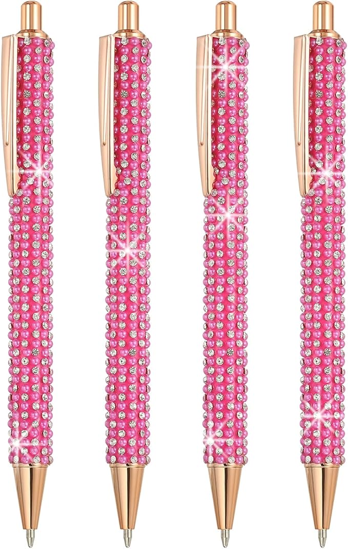 PATIKIL Rhinestone Metal Ballpoint Pen, 4 Pack Crystal Pearl Pens Black Ink 1.0mm Point Sparkly for Women Gift Office Note Taking Journaling, Rose Red