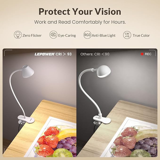 LEPOWER Clip on Light, Reading Lights for Books in Bed with 5 Colors & Stepless Dimming, RG0 Eye-Care, Auto Timer & Night Light, Strong Clamp for Headboard, Bedside, Desk, White