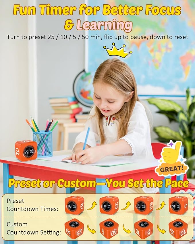 Digital Pomodoro Timer Cube 5/10/25/50min, Visual Productivity Flip Timer for Kids Classroom Desk, Custom Countdown, Silent and Sound Mode for ADHD Study Work Game Kitchen (Orange)