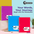 Rosmonde 1 Subject Notebook College Ruled, 6 Pack, 70 Sheets (140 Pages), 8 x 10-1/2", 3 Hole Punched Notebooks, Thick No-Bleed Paper, Sturdy Back, College Ruled Notebook for School, Assorted Colors