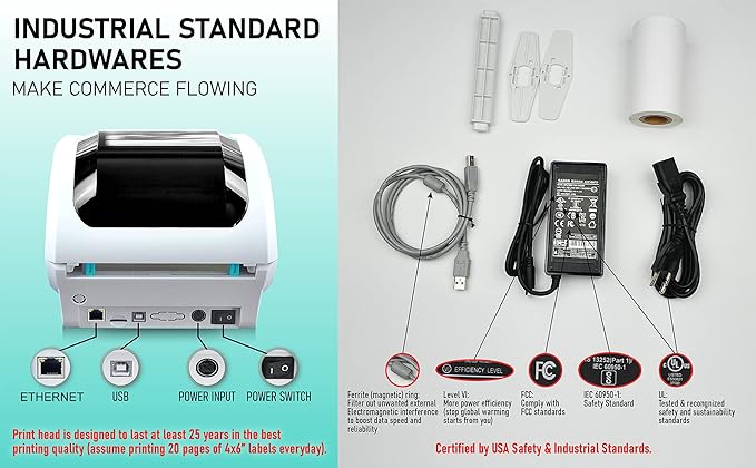 2054A-LAN Ethernet Network Shipping Label Printer for Windows Mac Chromebook iPhone & Android, Support Amazon Ebay Paypal Etsy Shopify ShipStation UPS USPS FedEx, 4x6 Direct Thermal