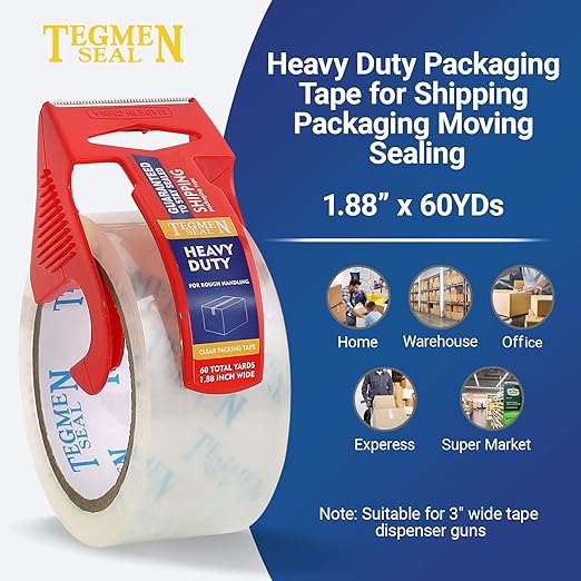 TegmenSeal Heavy Duty Clear Packing Tape with Dispenser Combo for Shipping, Moving & Storage,Thicker Clear Packing Tape,1.88 inches Wide, 60 Yards Per Roll, 60 Total Yards