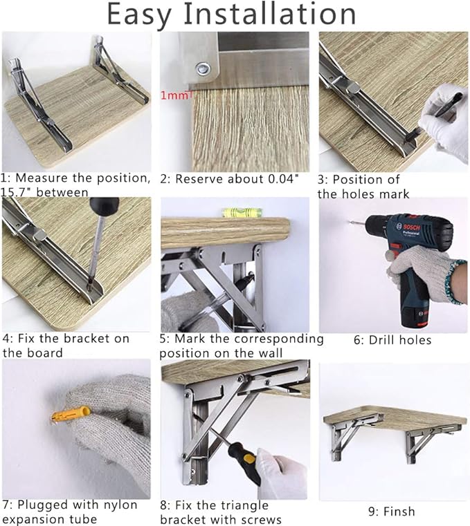 Folding Shelf Brackets, Max Load 300 lb, Heavy Duty Stainless Steel Collapsible Wall Mounted Shelf Brackets for Table, Space Saving DIY Bracket, Pack of 2 (2, 22 Inch)