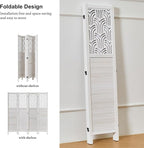 Svimi Folding Room Divider, 66.9 Inch 4 Panels Wood Carved Privacy Screens, Free Assembled Freestanding Portable Separation Wall for Home Office Restaurant Bedroom (White)