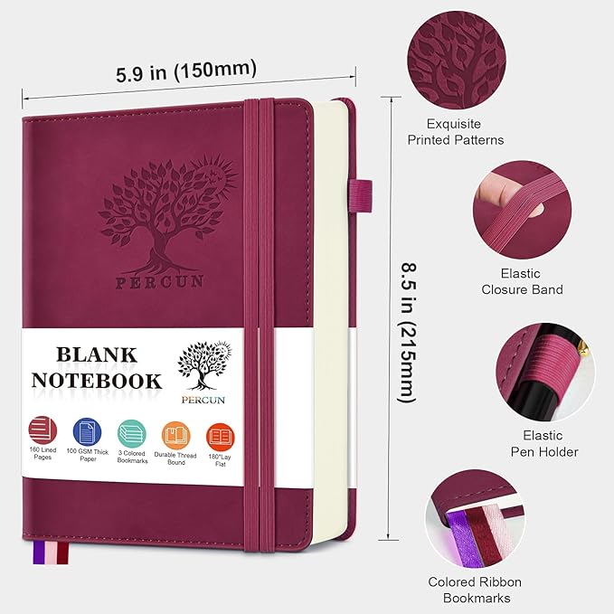 PERCUN Blank Journal Ntebook for Men & Women, 160 Pages Blank Journals for Writing, Drawing,Sketch Book,5.9" x 8.5" Leather Sketchbook, Unlined Notebook for Work, School, Art (Burgundy)