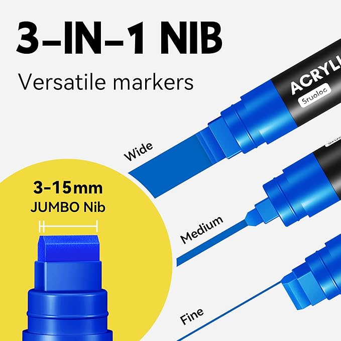 3 Jumbo Permanent Markers Blue, 15mm Thick Wide Tip, Large Acrylic Paint Markers for Rock Painting, Poster, Graffiti, Stone, Ceramic, Glass, Wood, Canvas