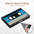BWEGRHE Slim Credit Card Holder, Blue Cassette RFID Blocking Metal Wallet for Men & Women, Aluminum Minimalist Hard Case Pocket-Sized Business Cards Organizer (Fits Up to 10 Cards)