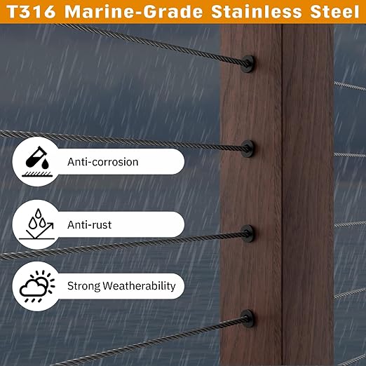 CELYND Cable Railing Protector Sleeves - 100 Pack T316 Stainless Steel Protective Sleeves - 1/8" 3/16" 5/32" Black Deck Cable Railing Hardware Kit for Wood Posts