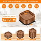 shouwuhho 16 Pack Furniture Risers Adjustable Bed Risers Heavy Duty Lifts Height 1", Square Stackable Bed Risers 1, 2 or 3 Inch for Desk Leg Table Couch Sofa Chair Bed Frame Legs Dorm, Brown