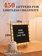 Changeable Felt Letter Board with LED Lights - 10×10" Message Custom Signs & Wood Stand & 450 Letters, Poster Board for Valentine's Day/Baby/Pregnancy Announcement/Classroom Wall Decor Gifts, Black