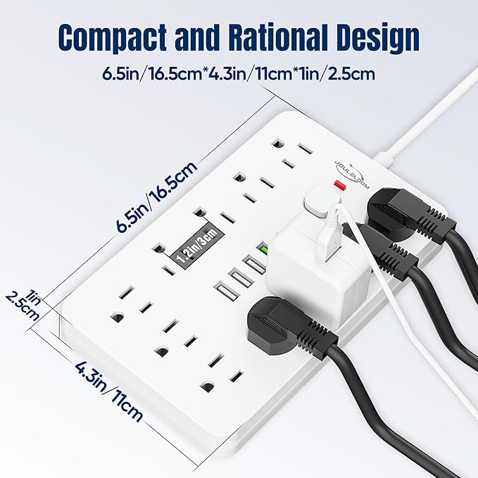 JouleLoom 10 FT Flat Plug Surge Protector Power Strip,11 Multiple AC Outlets with 6 USB Ports (2 USB C), 6 Feet Extension Cord, 1250W/10A, One Touch Switch Button, White