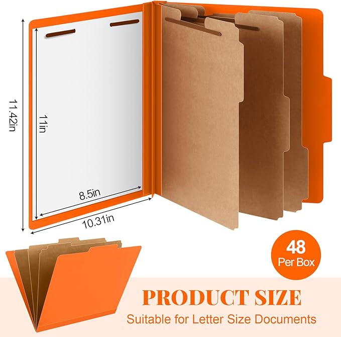 Skyygemm 48 Pcs Classification Folders Letter Size, 3 Divider Pressboard File Folder with Fasteners, Expanding File Organizer Bulk for School Teachers, Office Employee, Coworker, Staff (Orange)