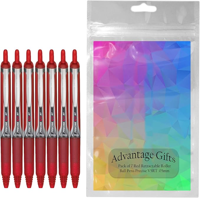 Precise V5 RT Retractable Rolling Ball Pens, Extra Fine Point (.5mm), Red Ink, 7-pk; Premium Comfort Grip, Bundle with Plastic Reusable Pouch