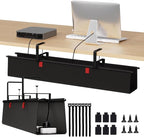 Under Desk Cable Management Tray - 36" Cord Organizer for Desk No Drill, Fabric Under Table Wire Organizer with 16X Cable Ties Hide for Office/Home, Cord Hider Fits Adapters & Sockets, Black