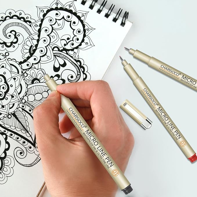 CHARSOCO 01 Micro Pen, Fine Point Pen with 12 Colors, Waterproof Archival Ink, 0.25mm Fineliner Ink Pens for Artist Illustration, Sketching, Anime, Manga, Technical Drawing and Scrapbooking