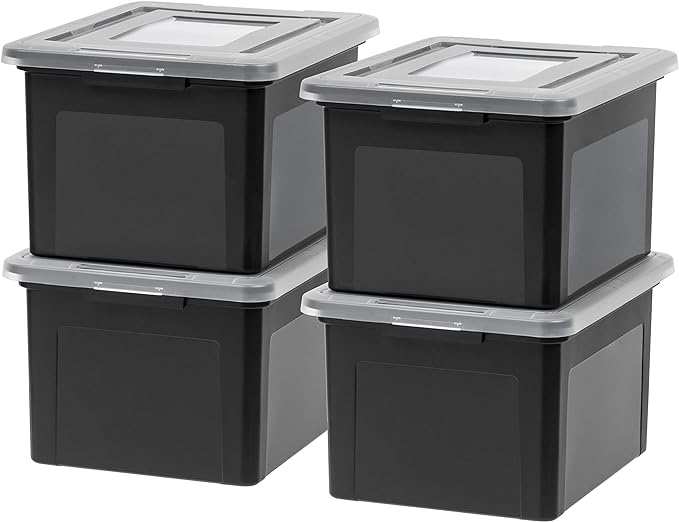 IRIS USA File Box, Plastic File Organizer with Lids for Letter/Legal File, Portable Document Box For Moving, Storage Bin with Durable and Secure Lid, Stackable Nestable BPA-Free, Black 35 Qt. 4 Pack