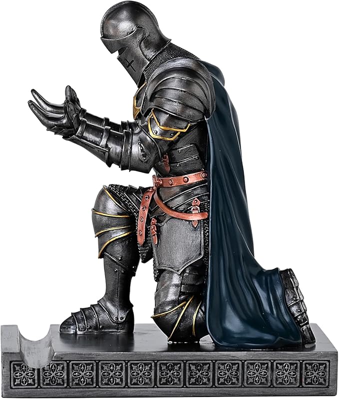 Amoysanli Medieval Armored Warrior Wearing Outerwear, Mobile Phone Stand Knight Pen Holder Desk Organizers, Resin Bookends Paperweight with a Letter Opener for Desk (Iron&Green)