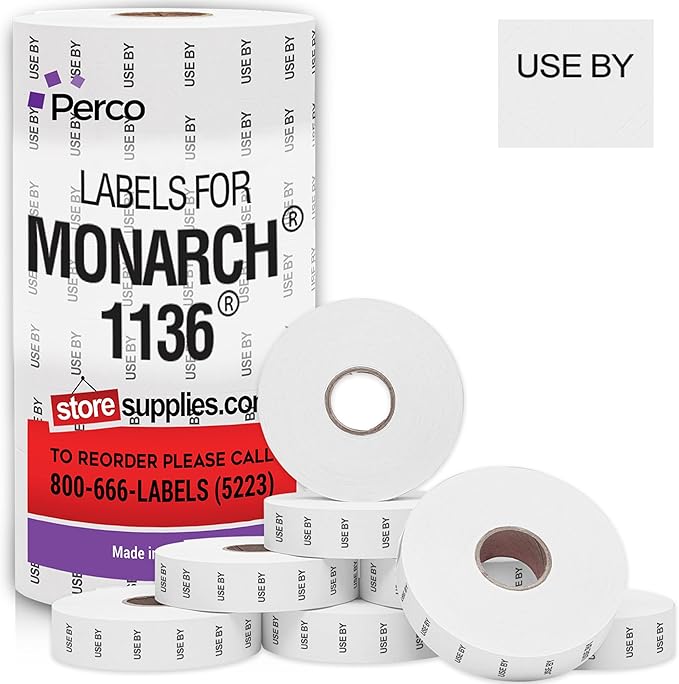 Perco USE by Labels for Monarch 1136 Price Gun - 8 Rolls, 14,000 Marking Labels - with Bonus Ink Roll Included