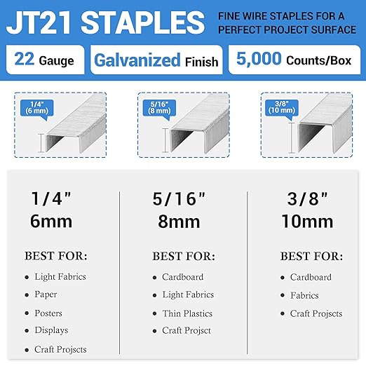 meite JT21 Staples, 3/8 Inch Galvanized Fine Wire Staples for Staple Gun - 7/16" Crown JT21 Staple Refill, Ideal for Upholstery, Crafts, Furniture (10 Boxes)