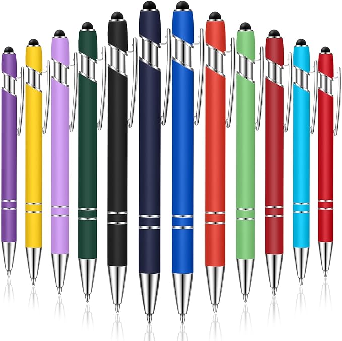 Tenare 12 Pieces 2 in 1 Stylus Metal Ballpoint Pen with Stylus Tip, 1.0 mm Black Ink Ballpoint Pen for Touch Screens(Vibrant Colors and Silver)