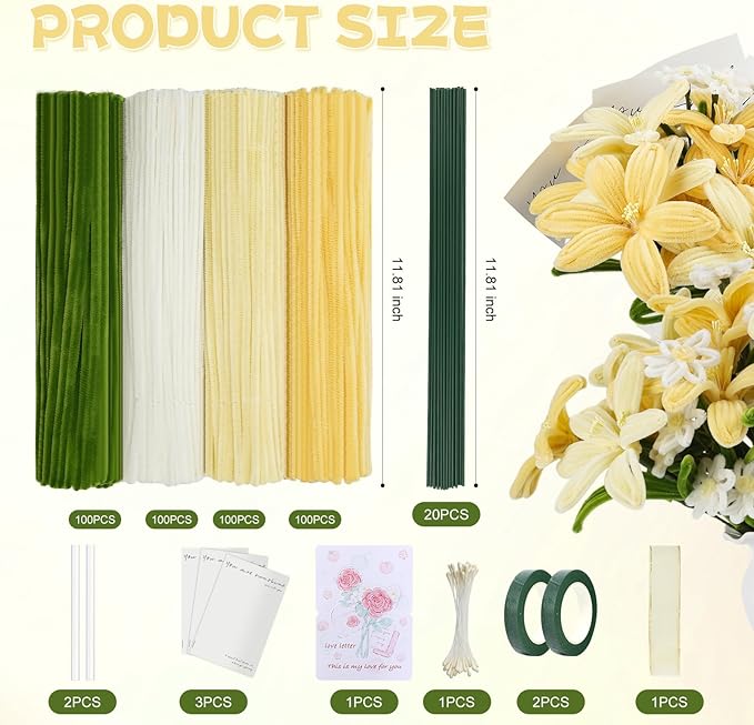 400 Pcs Pipe Cleaners Craft Set，4 Colors Chenille Stems Bulk with Floral Wires, Gardening Tape,Hot Glue Stick,Greeting Card,Bouquet Paper, Stamen & Ribbon, Flowers Craft kit for DIY Handmade Bouquet