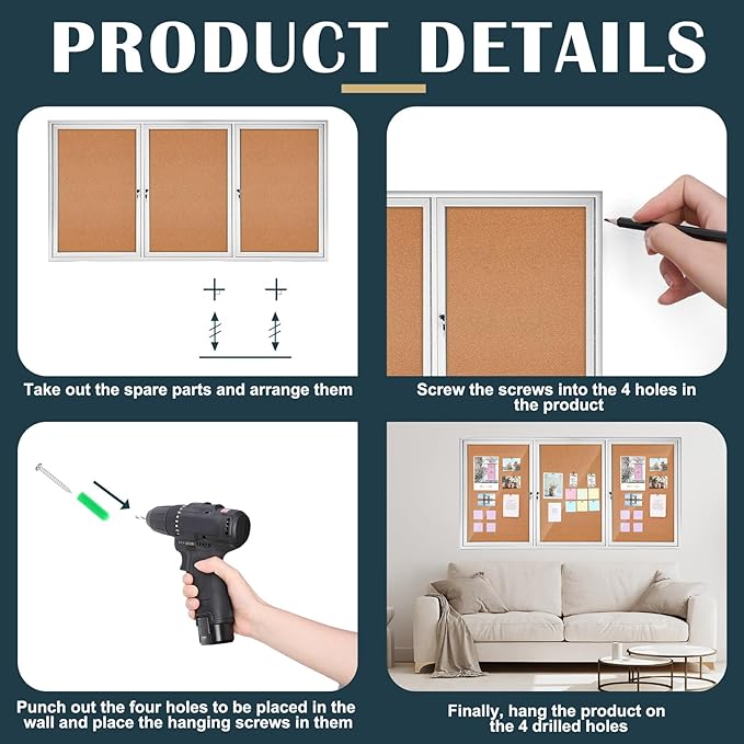 72" x 36" Enclosed Bulletin Board Outdoor 3 Door Weatherproof Tamper-Proof Enclosed Cork Board with Lock Aluminum Frame Display Case for Back to School, Office Commercial, 18xA4(Wood Color)