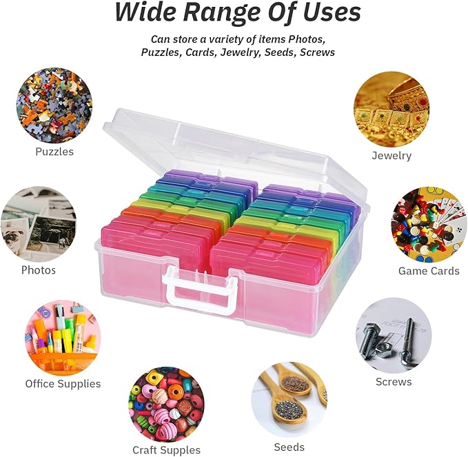 Party Club of America PCA Photo Storage Box 4" x 6" Cases With Handle - 16 Inner Keeper, Large Organizer, Plastic Craft Case for Stickers, Stamps, Jigsaw, Vegetable Seeds