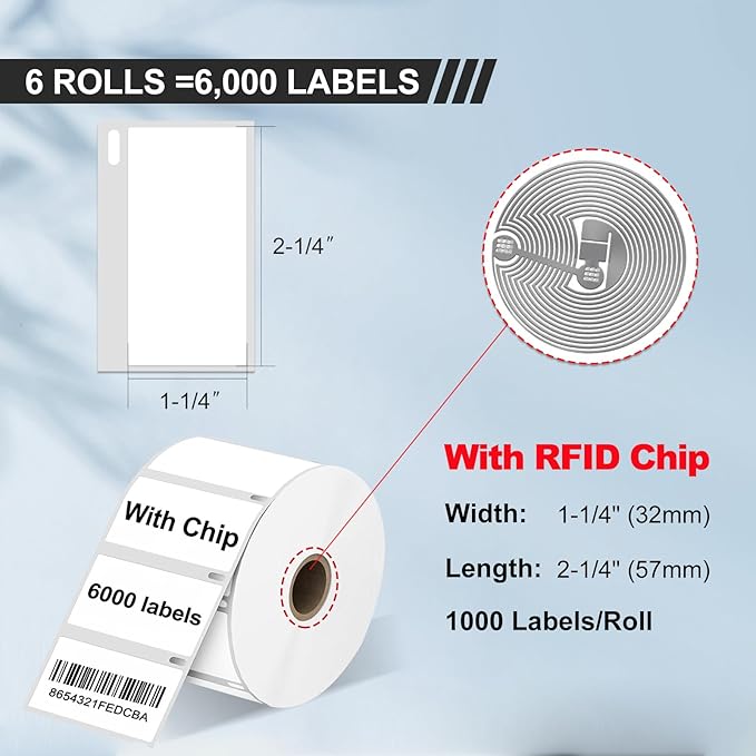 RGiNK for DYMO 550 Labels (30334 with RFID Chip) Multipurpose Barcode Labels (2-1/4" x 1-1/4"), Perforated, Compatible with DYMO Labelwriter 450 4XL 550&5XL 550 Turbo Printers [6 Rolls, 6000 Tags]