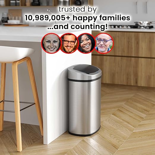 iTouchless 13 Gallon Stainless Steel Kitchen Trash Can with Sensor 2.0 Tech Touchless Lid and AbsorbX Odor Filter, Oval Slim Space-Saving Automatic Garbage Bin for Home, Office, Business, Restroom