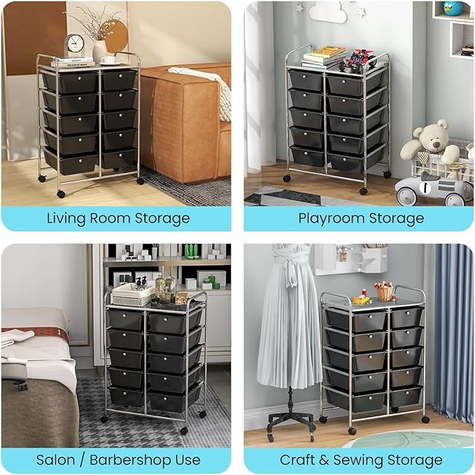 LDAILY 10 Drawer Rolling Cart, Storage Cart Organizer on Wheels, Drawer Cart with Metal Frame & Large Storage Capacity, Rolling Cart with Drawers for Living Room Classroom, Office