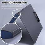 FRETONBA Clipboard Folder, 2 Pcs A4 Foldable Clipboard with Horizontal and Vertical Double Metal Clips, 360 Degree Foldable Binder Clipboards with Pen Holder, File Cover Work Folder Clipboards, Blue